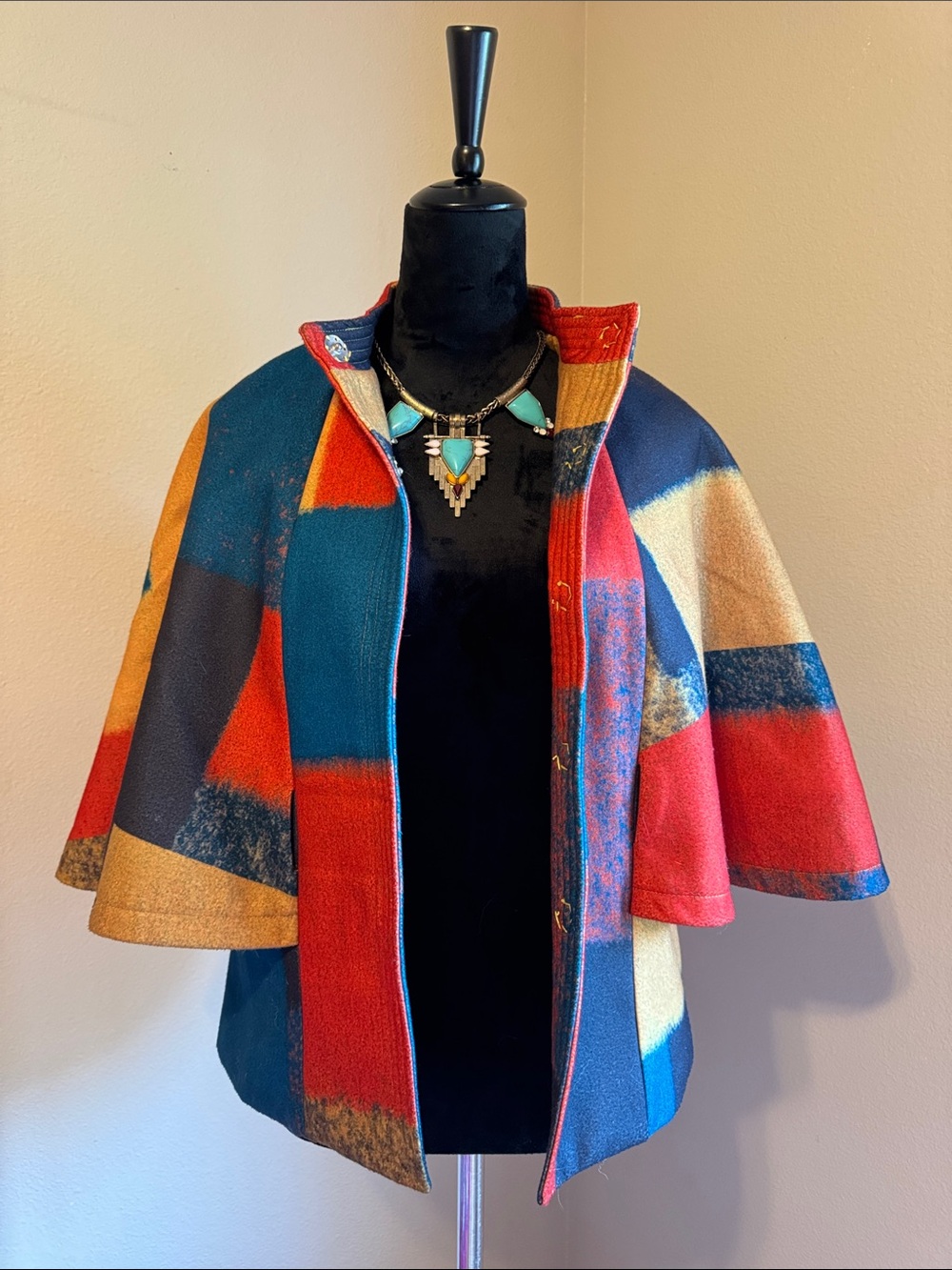 Colorblock Wool Cape Coat in Red, Navy & Tan